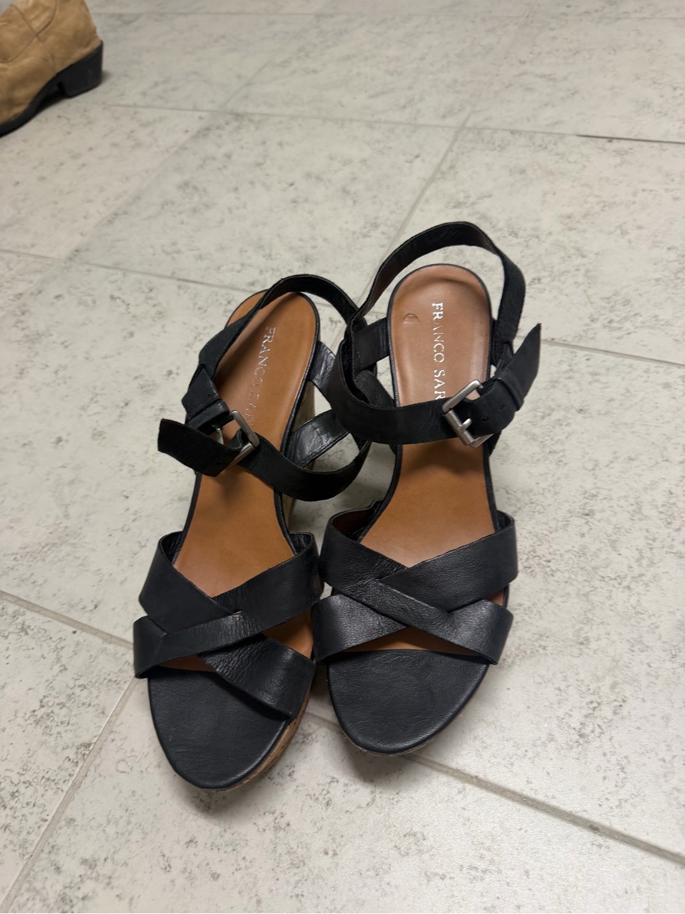 Franco Sarto Black Leather Strappy Wedge Cork Sandals size 10 Sumemr Casual